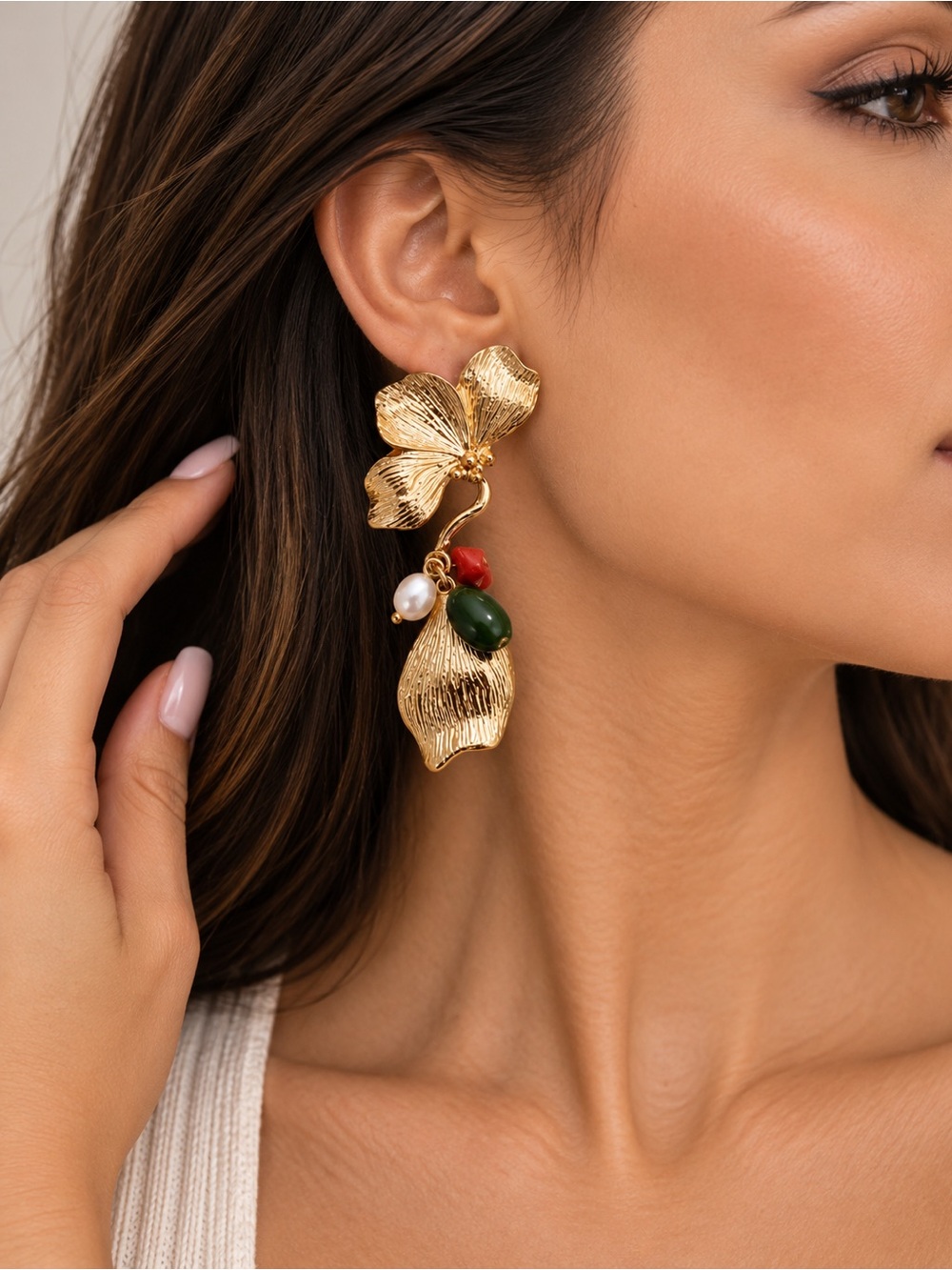 Gold Floral Drop Earrings with Green and Red Accents